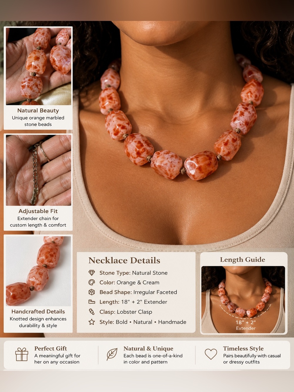 Vintage Handmade Orange & Cream Marbled Natural Stone Necklace